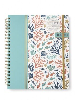 James Burke 5 Subject Ocean Coral Notebook Spiral 9.25x11 +Stickers NEW